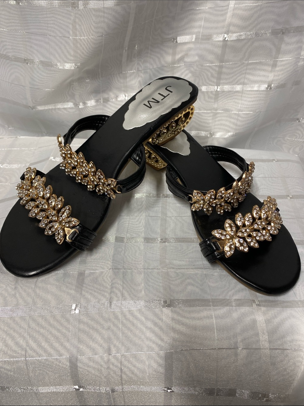 JTM  Black Jeweled Slide Sandals with Gold Crystal Accents Formal